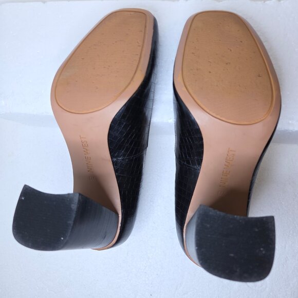 Nine West Begonia Women’s Black Leather Crocodile Block Heel Pumps Shoes - 6 - Picture 8 of 12